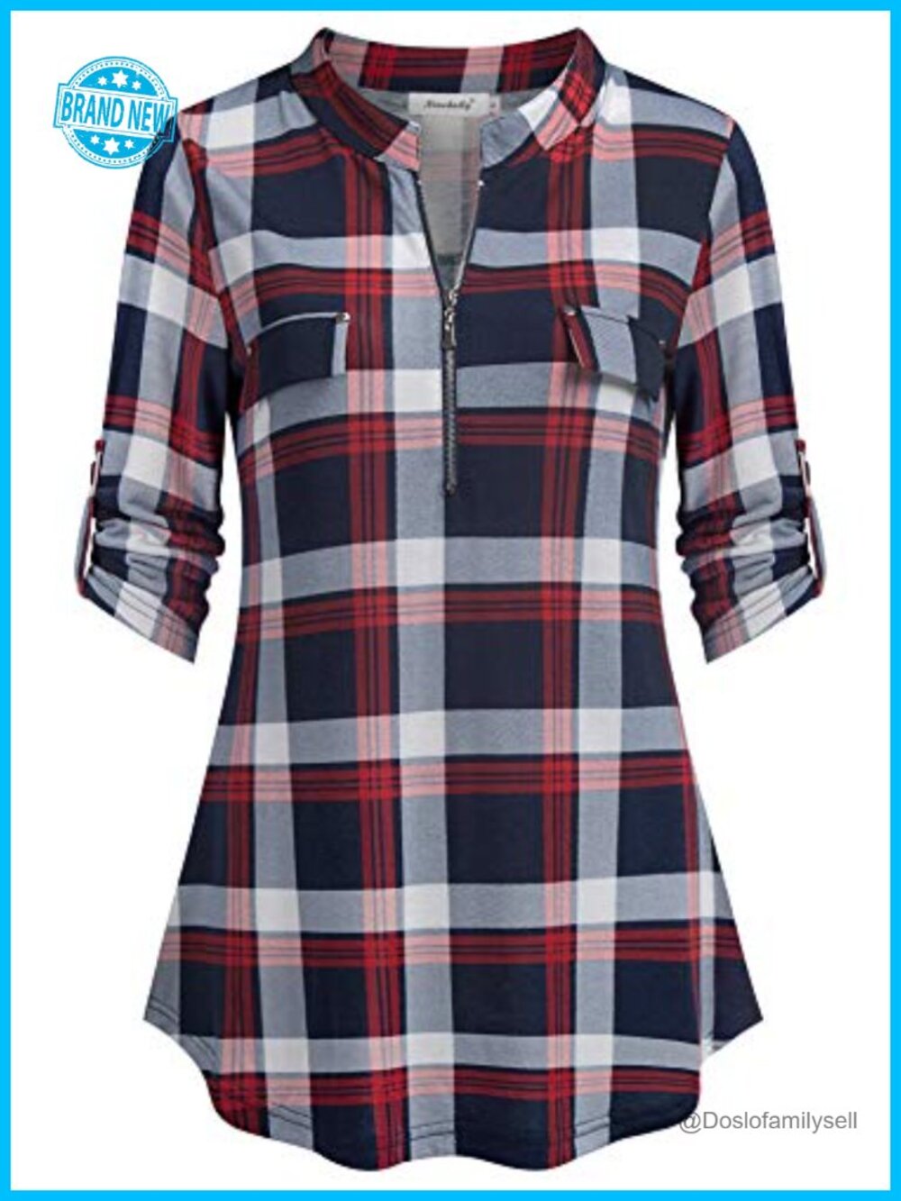 Women's 3/4 Sleeve Plaid Zip Floral Tunic Blouse Top